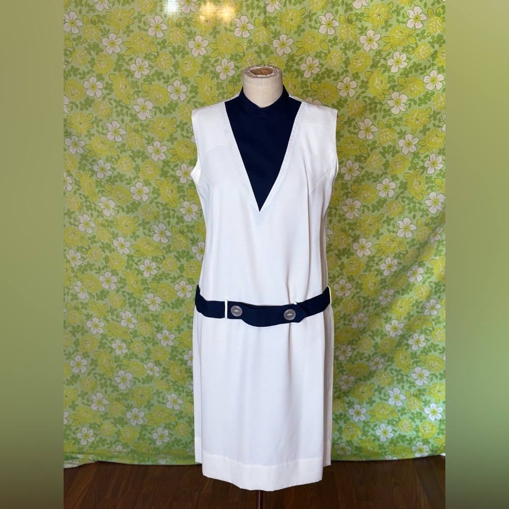 Vintage 60s Union Made Mod Drop Waist Shift Dress Sailor Size S/M Navy White
